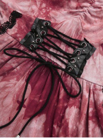 Plus Size Tie Dye Printed Lace Up Ruched Ruffles Cashew Lace Trim Pockets Tank Top