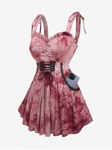 Plus Size Tie Dye Printed Lace Up Ruched Ruffles Cashew Lace Trim Pockets Tank Top