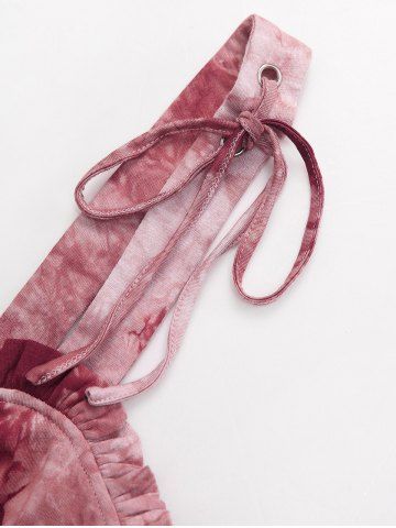 Plus Size Tie Dye Printed Lace Up Ruched Ruffles Cashew Lace Trim Pockets Tank Top