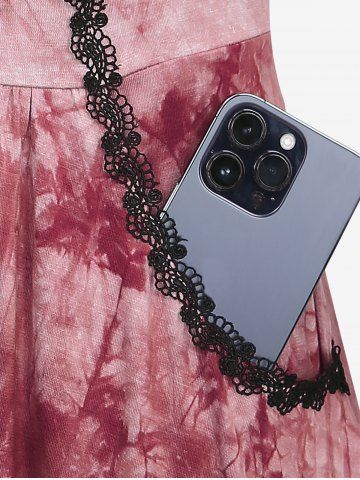 Plus Size Tie Dye Printed Lace Up Ruched Ruffles Cashew Lace Trim Pockets Tank Top