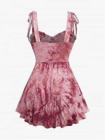 Plus Size Tie Dye Printed Lace Up Ruched Ruffles Cashew Lace Trim Pockets Tank Top