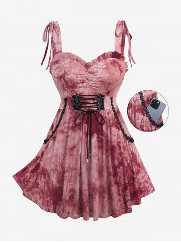 Plus Size Tie Dye Printed Lace Up Ruched Ruffles Cashew Lace Trim Pockets Tank Top