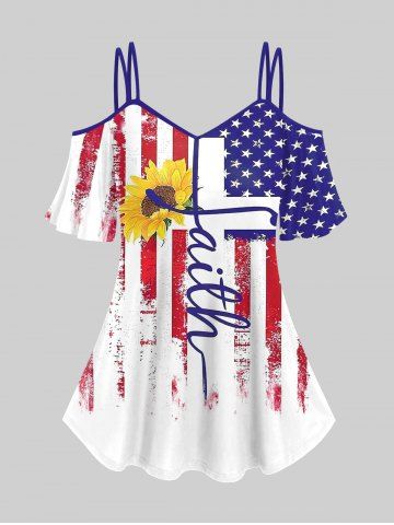 Plus Size Cold Shoulder American Flag Sunflower Letters Print Cami T-shirt - WHITE - S