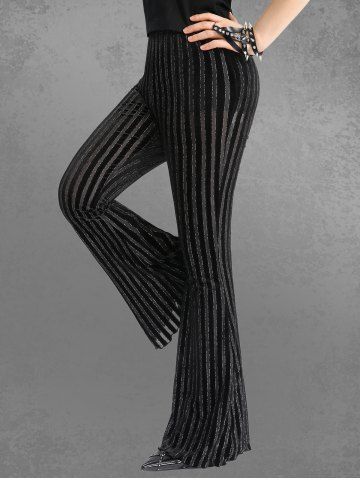 Gothic Glitter Silver Line Velvet Striped Patchwork Flare Pants - BLACK - S