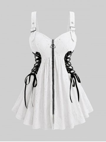 Plus Size Hollow Out Jacquard Textured Lace Up Zipper Buckle Grommet Solid Backless Tank Top - WHITE - 5X | US 30-32