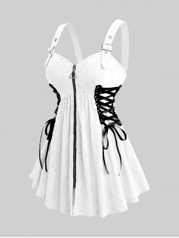 Plus Size Hollow Out Jacquard Textured Lace Up Zipper Buckle Grommet Solid Backless Tank Top