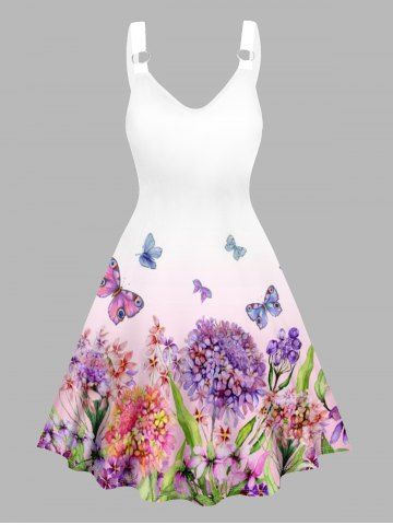 Colorful Butterfly Floral Print V Neck O Ring Straps A Line Tank Dress - LIGHT PINK - M | US 6