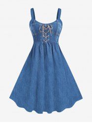 Plus Size Lace Up Grommets Denim 3D Print Tank Dress -  