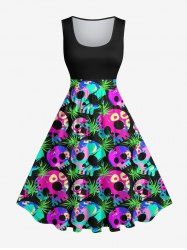 Robe Vintage Grande Taille Imprimée de Feuilles de Palmier Colorées - Noir 1X