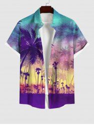 Chemise Boutonnée en Blocs de Couleurs Arbre de Noix de Coco Imprimé Grande Taille avec Poche - Multi-A XL