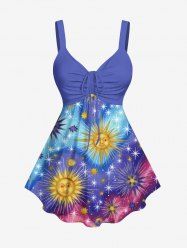 Plus Size Glitter Sun Stars Galaxy Print Cinched Tank Top -  