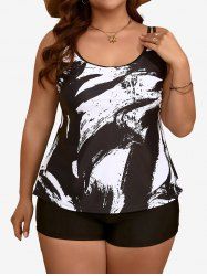Plus Size Two Tone Ink Graffiti Print Boyleg Tankini Swimsuit -  