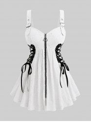 Plus Size Hollow Out Jacquard Textured Lace Up Zipper Buckle Grommet Solid Backless Tank Top -  