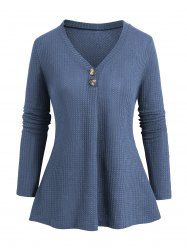 Solid Color Textured Mock Button V Neck Casual T-shirt -  