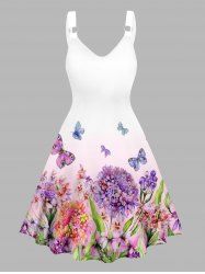 Colorful Butterfly Floral Print V Neck O Ring Straps A Line Tank Dress -  
