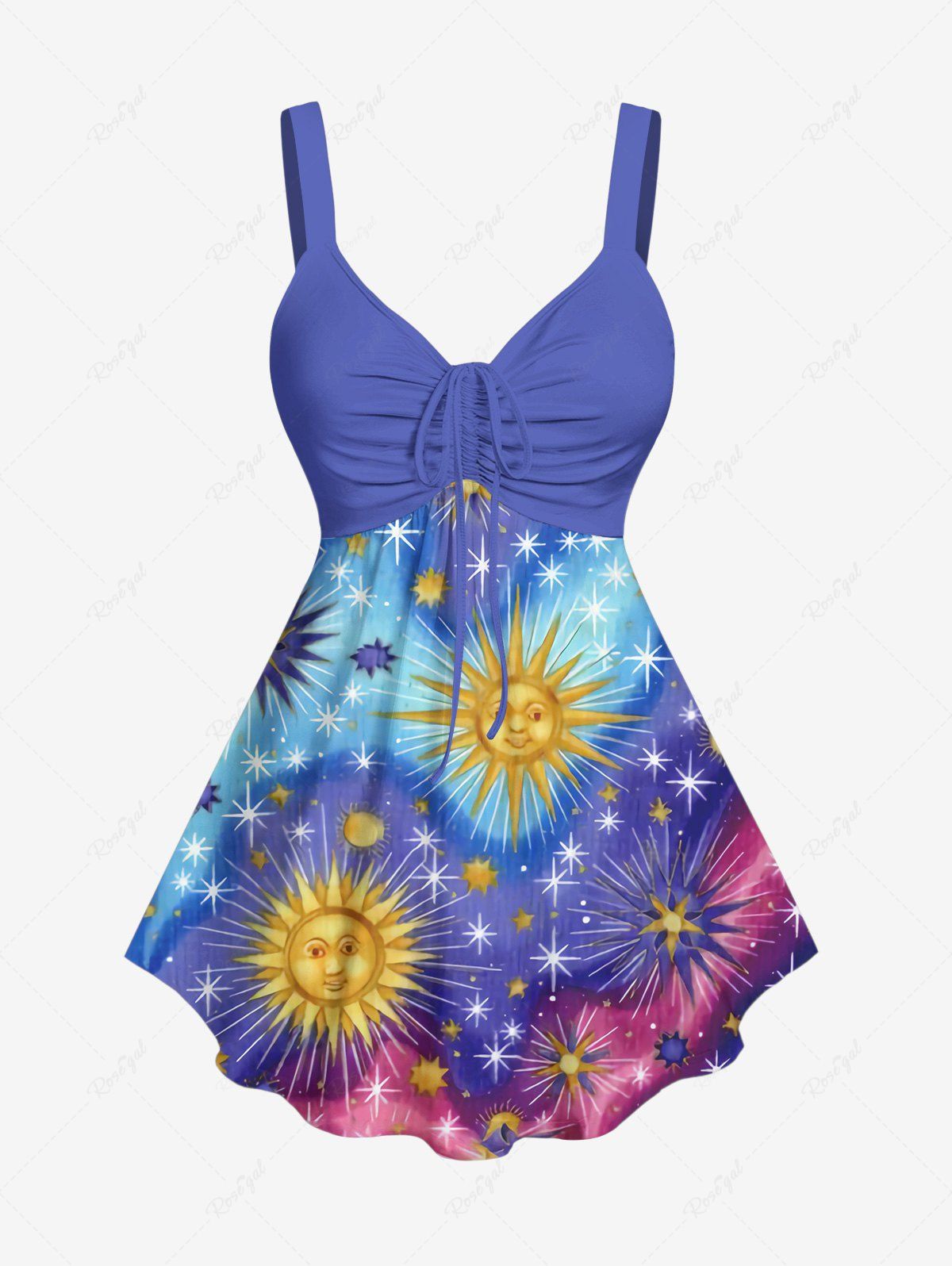 Trendy Plus Size Glitter Sun Stars Galaxy Print Cinched Tank Top  