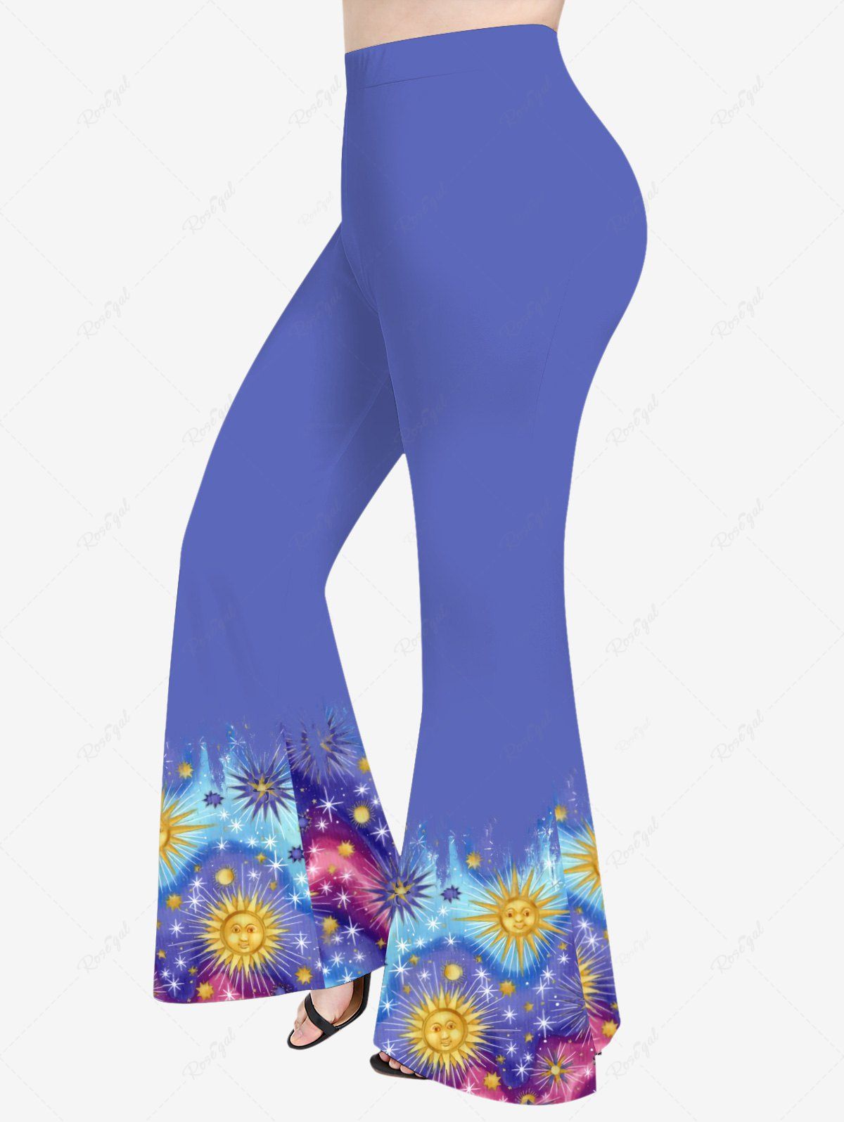 Pantalon Evasé Etoile Galaxie et Soleil Imprimés de Grande Taille à Paillettes Bleu Ciel S