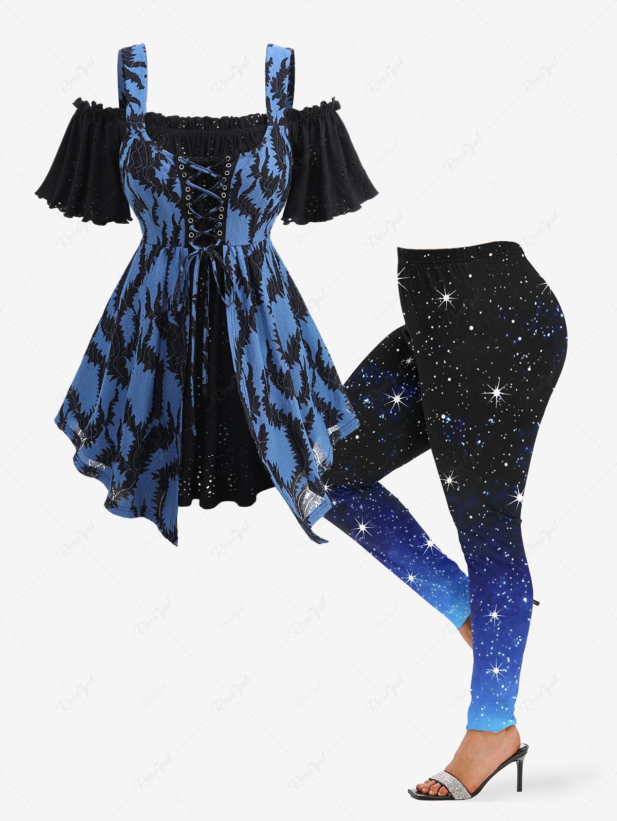 Buy Lace Up Floral Jacquard Laser Cut Layered 2 in 1 Top and Galaxy Star Ombre Glitter 3D Print Leggings Plus Size Outfit  