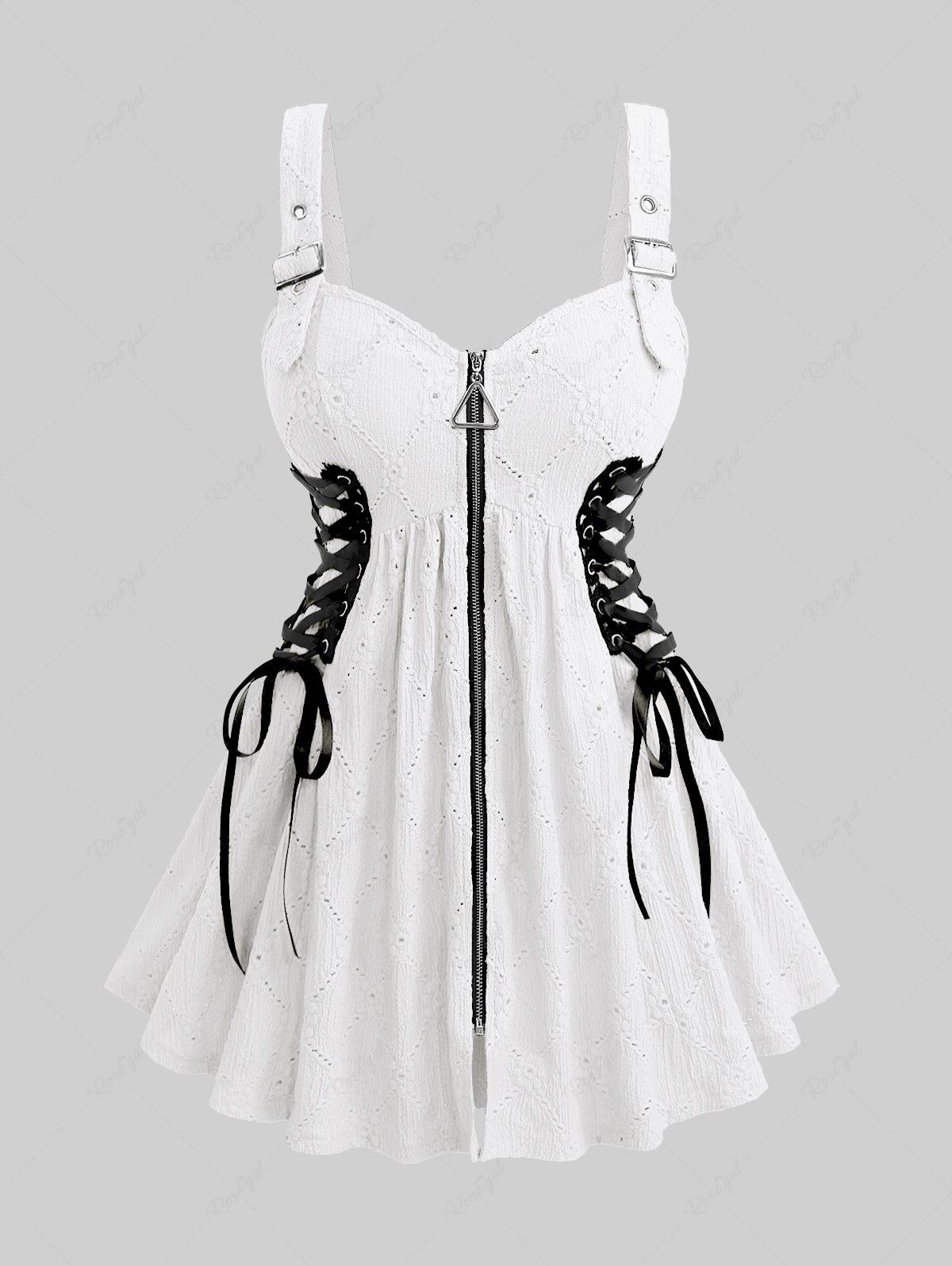 Affordable Plus Size Hollow Out Jacquard Textured Lace Up Zipper Buckle Grommet Solid Backless Tank Top  