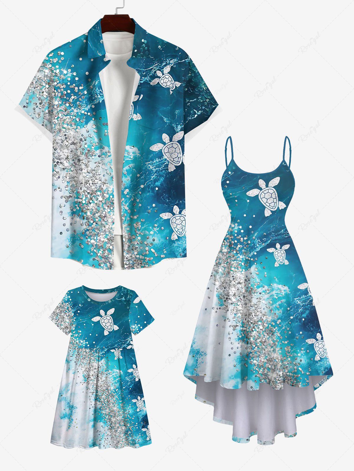 Chic Turtle Sandstone Ombre Sea Waves Print Plus Size Matching Hawaii Beach Outfit For Family  