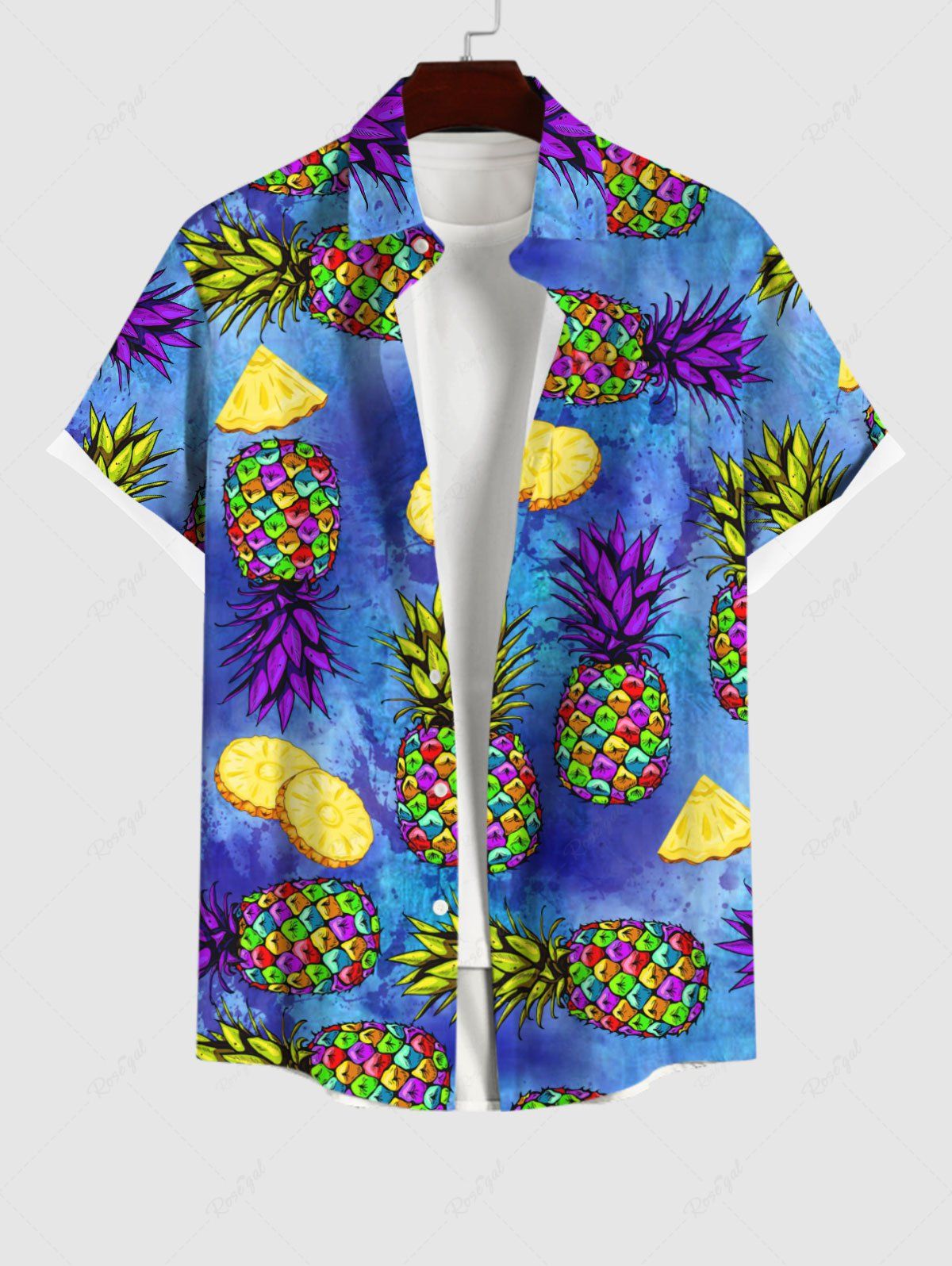 Chemise Décontractée Peinture Eclaboussée Colorée Ombrée Ananas Imprimé avec Poche de Grande Taille Bleu Ciel 4XL