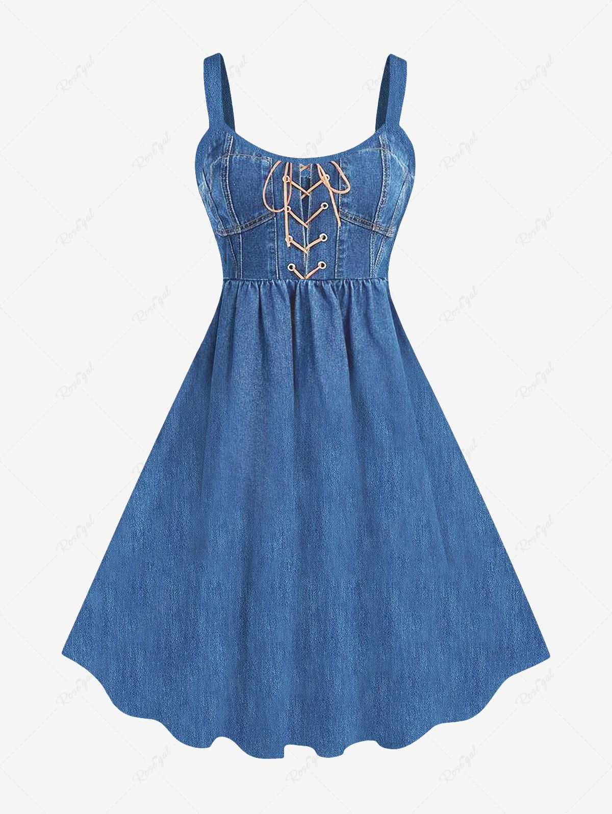 Hot Plus Size Lace Up Grommets Denim 3D Print Tank Dress  