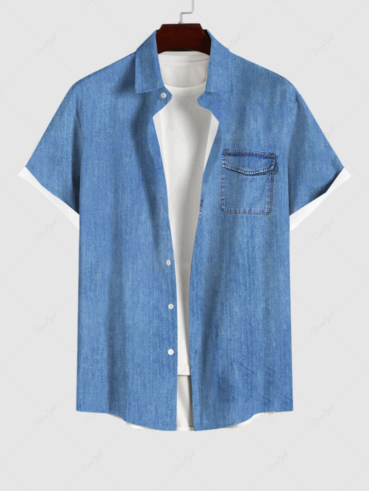Cheap Plus Size Denim 3D Print Buttons Pocket Shirt For Men  