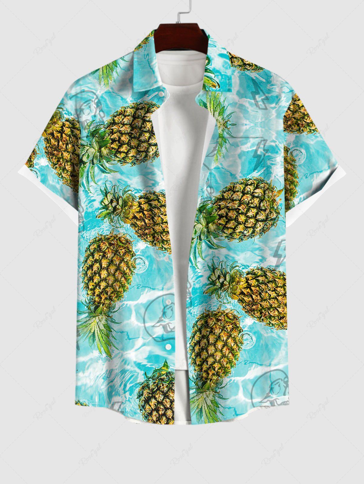 Chemise Décontractée Boutonnée Crâne et Ananas Imprimés avec Poche de Grande Taille Vert clair 3XL