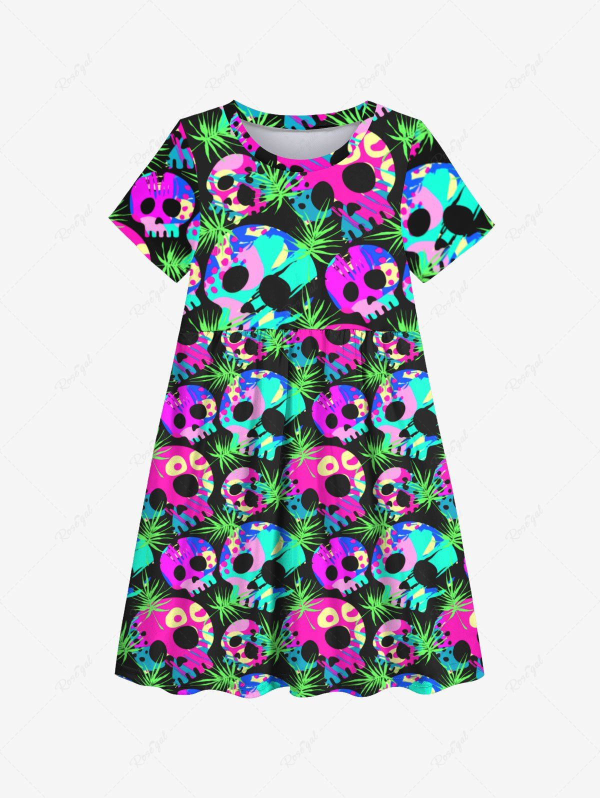 Outfits Kid's Colorful Skulls Palm Leaf Print Dress  