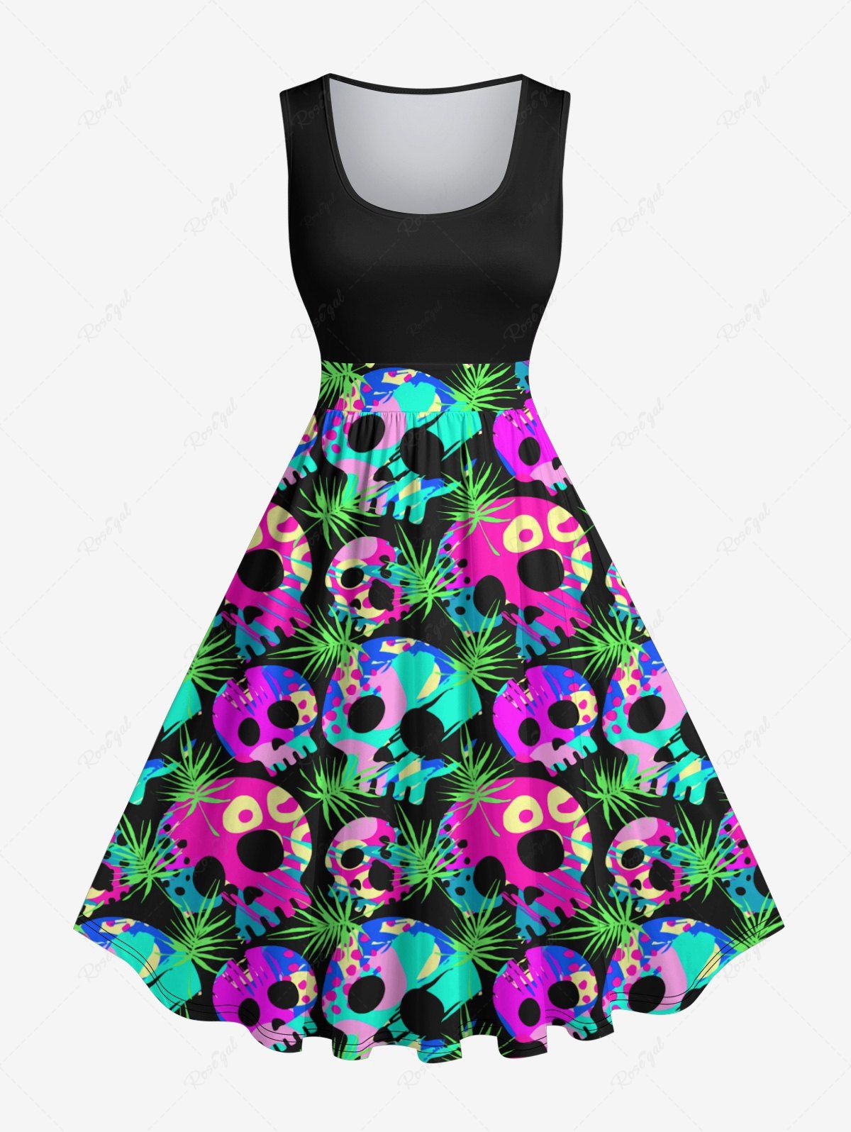 Robe Vintage Grande Taille Imprimée de Feuilles de Palmier Colorées Noir 1X