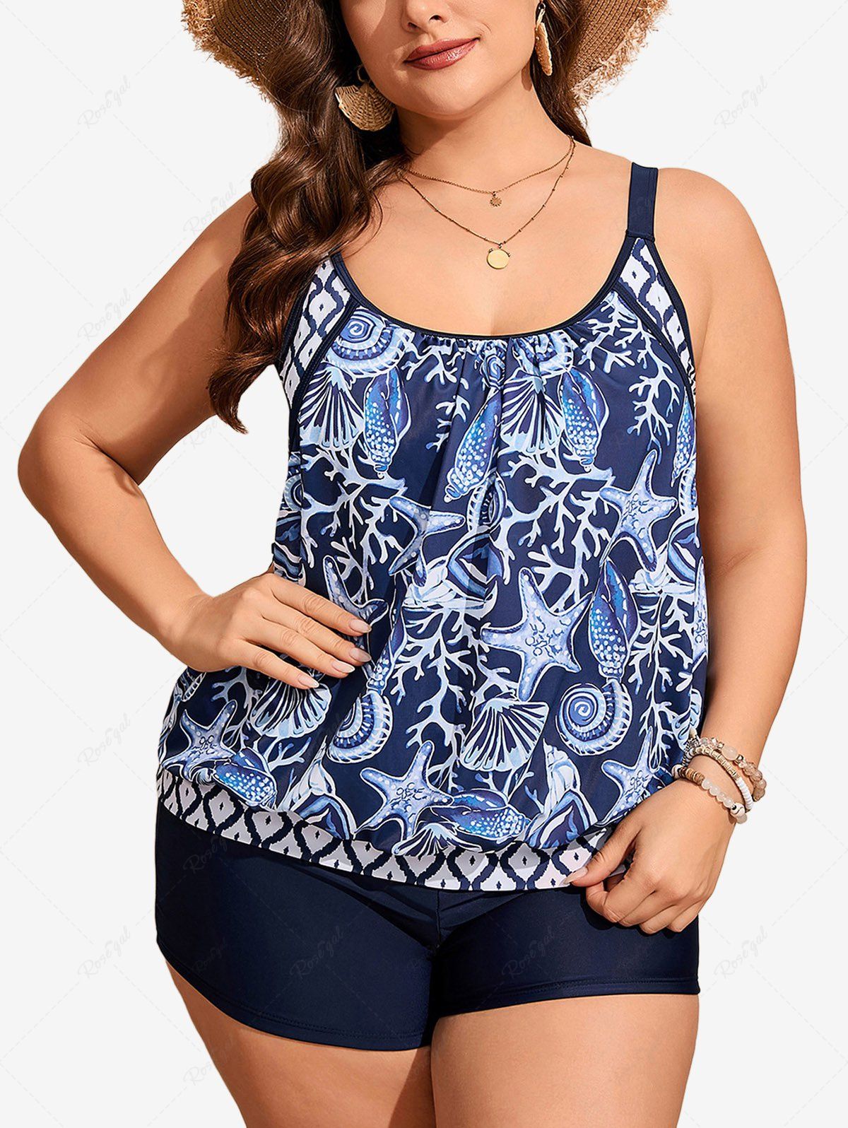 Maillot de Bain Tankini Conque Etoile de Mer Coquille Imprimés de Grande Taille à Volants Bleu 5XL