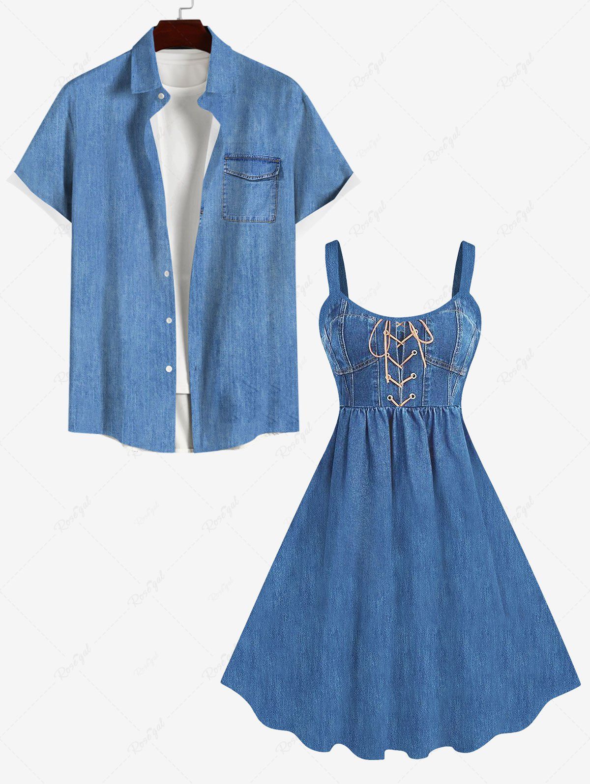 Fancy Lace Up Grommets Denim 3D Print Plus Size Matching Outfit For Couples  