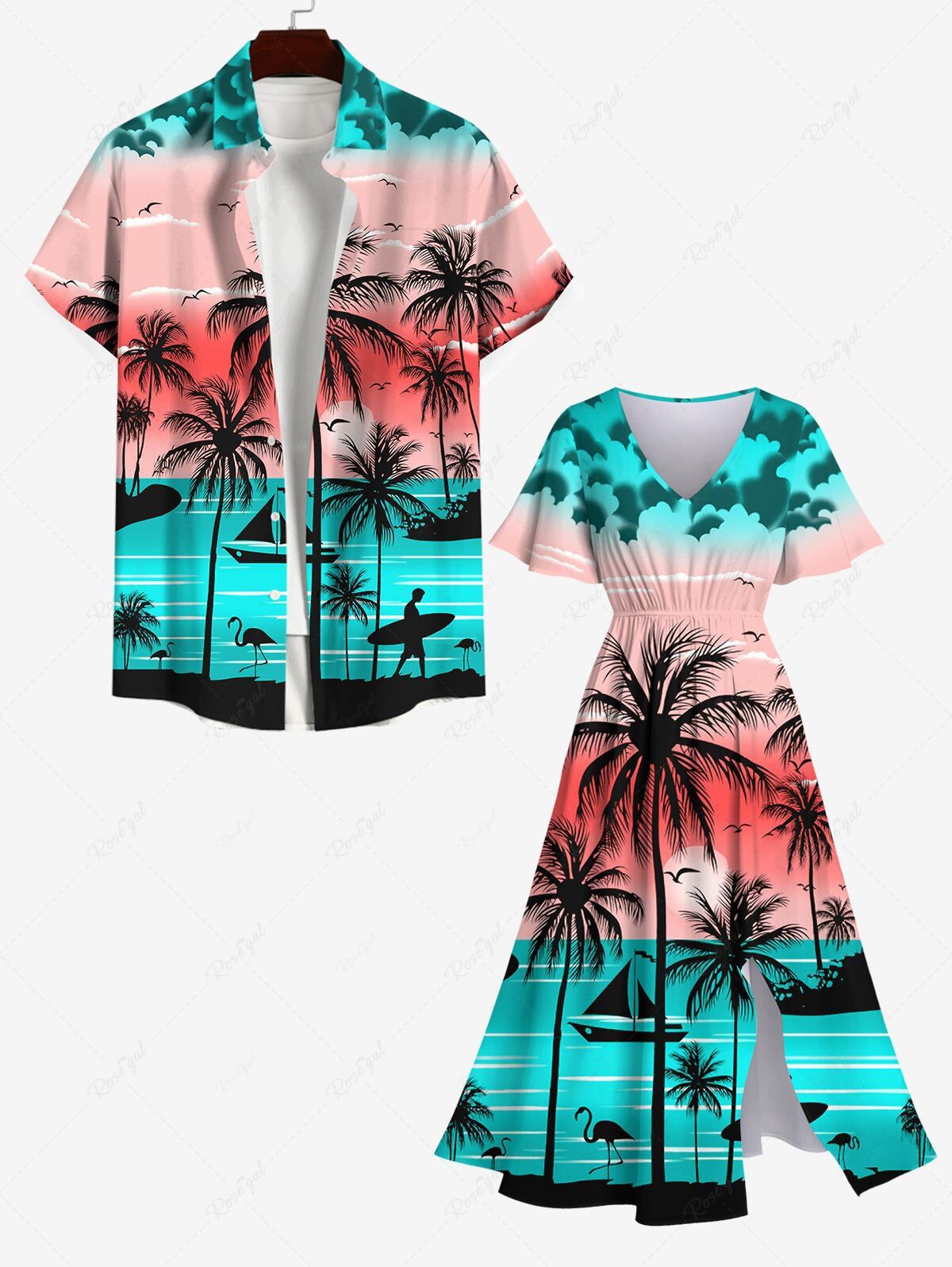 New Coconut Tree Sea Beach Ombre Sky Sun Print Plus Size Matching Hawaii Beach Outfit For Couples  
