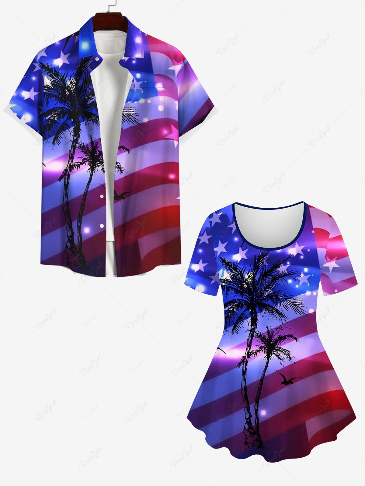 Online Glitter Sparkling American Flag Coconut Tree Print Plus Size Matching Set For Couples  