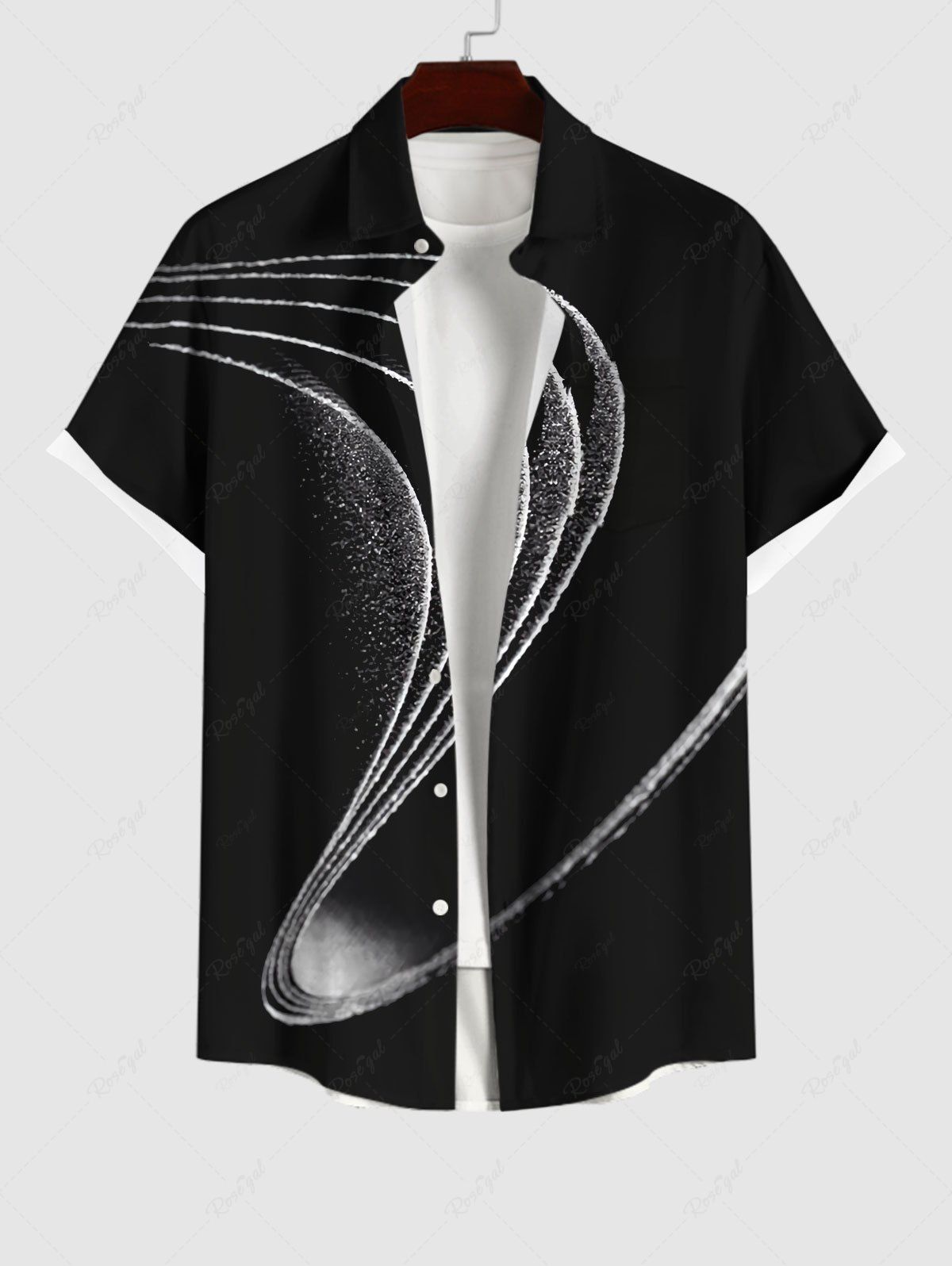 Chemise à Boutons avec Poche et à Imprimé Lignes Géométriques Brillantes 3D pour Hommes Grande-Taille Noir 2XL