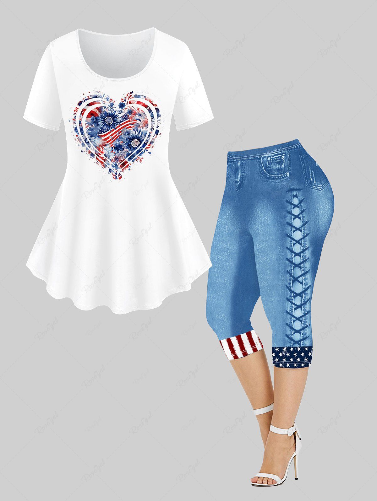 Discount Heart Patriotic American Flag Flower Print T-shirt and 3D Jeans Lace-up Graphic Leggings Plus Size Matching Set  