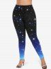Lace Up Floral Jacquard Laser Cut Layered 2 in 1 Top and Galaxy Star Ombre Glitter 3D Print Leggings Plus Size Outfit -  