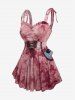 Plus Size Tie Dye Printed Lace Up Ruched Ruffles Cashew Lace Trim Pockets Tank Top -  