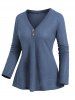 Solid Color Textured Mock Button V Neck Casual T-shirt -  