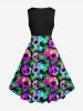 Robe Vintage Grande Taille Imprimée de Feuilles de Palmier Colorées - Noir 1X
