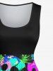 Robe Vintage Grande Taille Imprimée de Feuilles de Palmier Colorées - Noir 1X