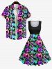 Robe Vintage Grande Taille Imprimée de Feuilles de Palmier Colorées - Noir 1X