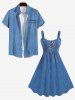 Plus Size Lace Up Grommets Denim 3D Print Tank Dress -  