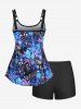Plus Size Flowers Palm Leaf Print Hawaii Boyleg Tankini Swimsuit -  