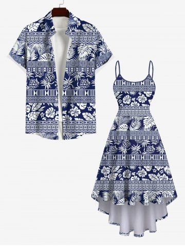 Pineapple Floral Coconut Tree Striped Ethnic Graphic Print Plus Size Matching Hawaii Beach Outfit For Couples - BLUE