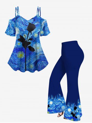 Cold Shoulder Spiral Painting Rose Flower Print Cami T-shirt and Flare Pants Plus Size Matching Set - SKY BLUE