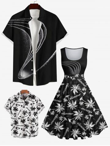 Coconut Tree Dragonfly Summer Print Plus Size Matching Hawaii Beach Outfit For Family - BLACK