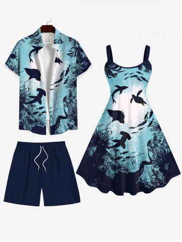 Turtle Shark Fish Underwater World Painting Splatter Print Plus Size Matching Hawaii Sea Creatures Beach Outfit For Couples