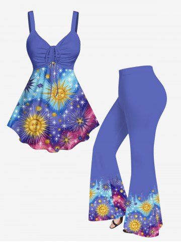 Glitter Sun Stars Galaxy Print Cinched Tank Top and Flare Pants Plus Size Matching Set - SKY BLUE