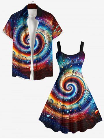 Colorful Swirls Music Notes Print Plus Size Matching Outfit For Couples - BLACK